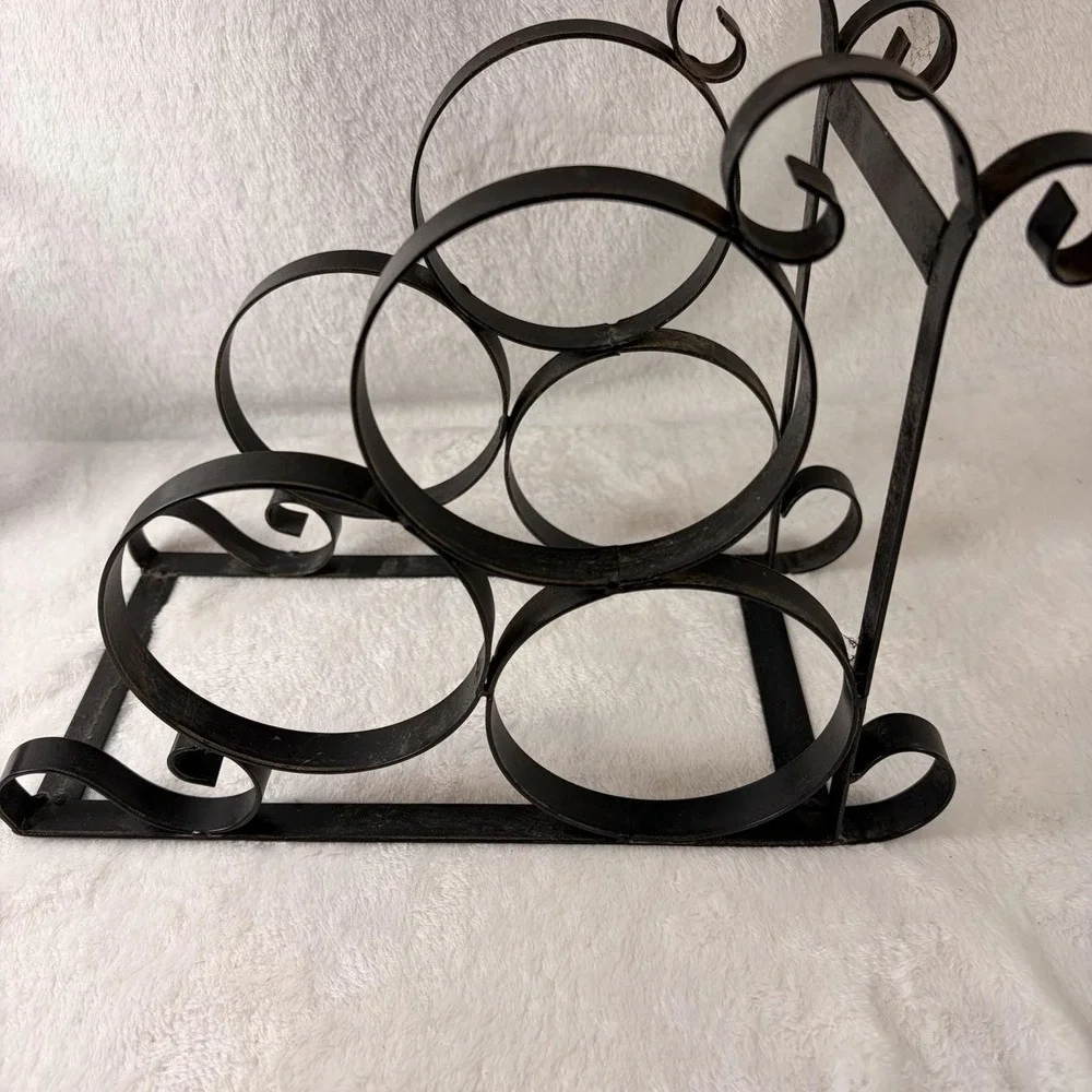 Vintage 80s Wrought Iron 6-Bottle Countertop Wine Rack Ornate Scroll Design GVC